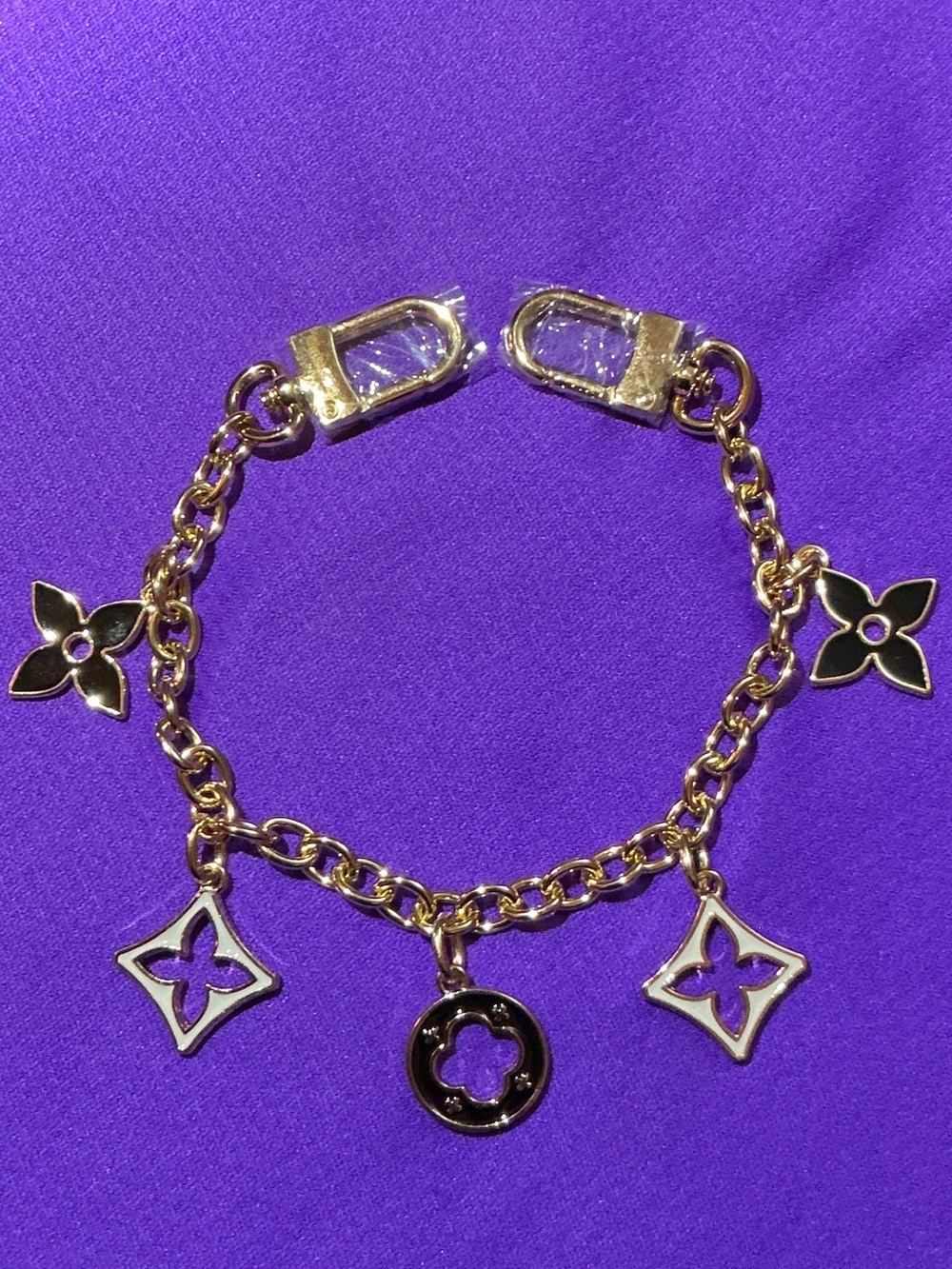 Gold Tone Clover Charm Chain Bracelet with Black Accents - Women Jewelry - Picture 1 of 3